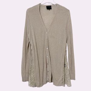 Hotel Particulier Lace-Accented V-Neck Long Cardigan Tan Khaki Color Size Medium